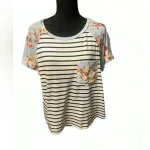 SHEIN Black & White striped top with floral print on sleeves neck & pocket XL